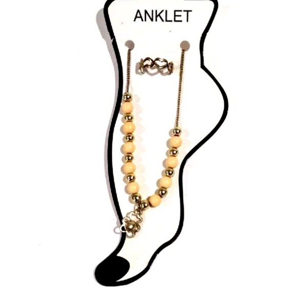 Beaded Gold-Tone Anklet Flower Charm & Matching Toe Ring – Summer Beach Jewelry - Picture 3 of 9